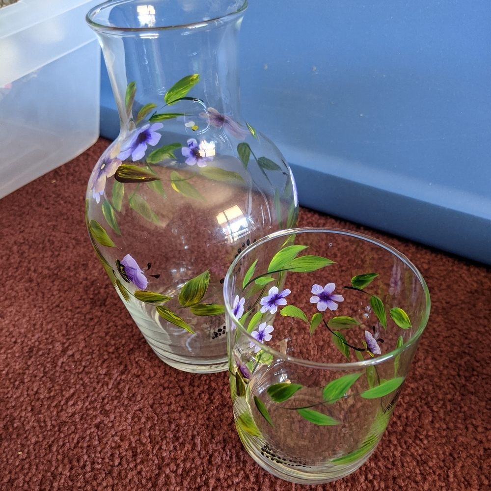 Glass Bedside Decanter with hand painted flowers